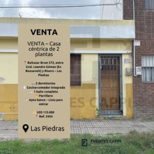Venta Casa en Las Piedras – A 200 mts de la plaza, 2 dormitorios, patio con parrillero – Ref. 2450