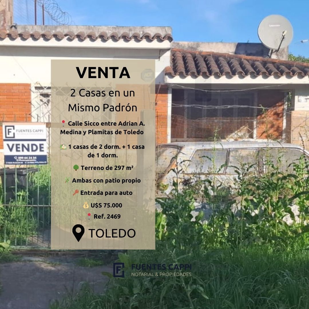 Venta 2 Casas en un Mismo Padrón en Toledo – Apta para Banco | Fuentes Cappi Propiedades – Ref. 2469