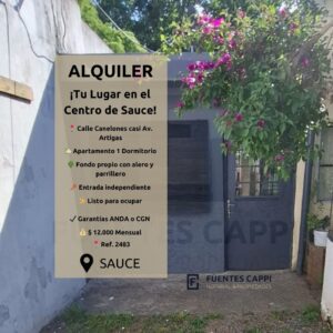 Alquiler Apartamento 1 Dormitorio en Sauce Centro – con Patio y Parrillero | Fuentes Cappi Propiedades – Ref. 2483