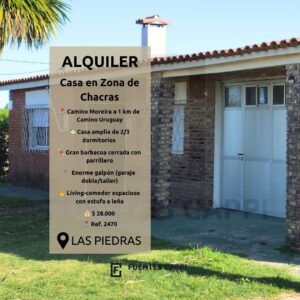 Alquiler Casa en Zona de Chacras, Las Piedras – 2/3 Dorm., Barbacoa y Galpón | Fuentes Cappi Propiedades – Ref. 2470