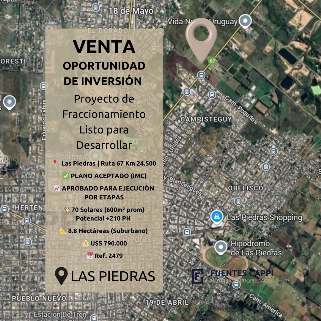 Venta Proyecto de Inversión – Fraccionamiento 70 Solares Aprobado en Las Piedras Fuentes Cappi Propiedades – Ref. 2479