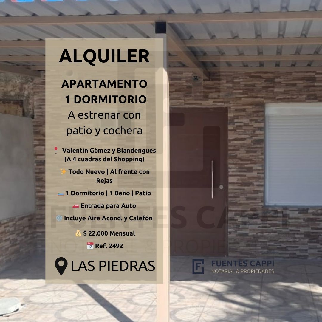 Alquiler Apartamento en Las Piedras – 1 Dormitorio, A Estrenar con Patio y Cochera – Fuentes Cappi Propiedades
