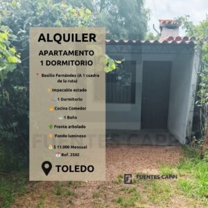 Alquiler Apartamento en Toledo – 1 Dormitorio, Impecable Estado con Gran Frente y Fondo – Fuentes Cappi Propiedades – Ref. 2502