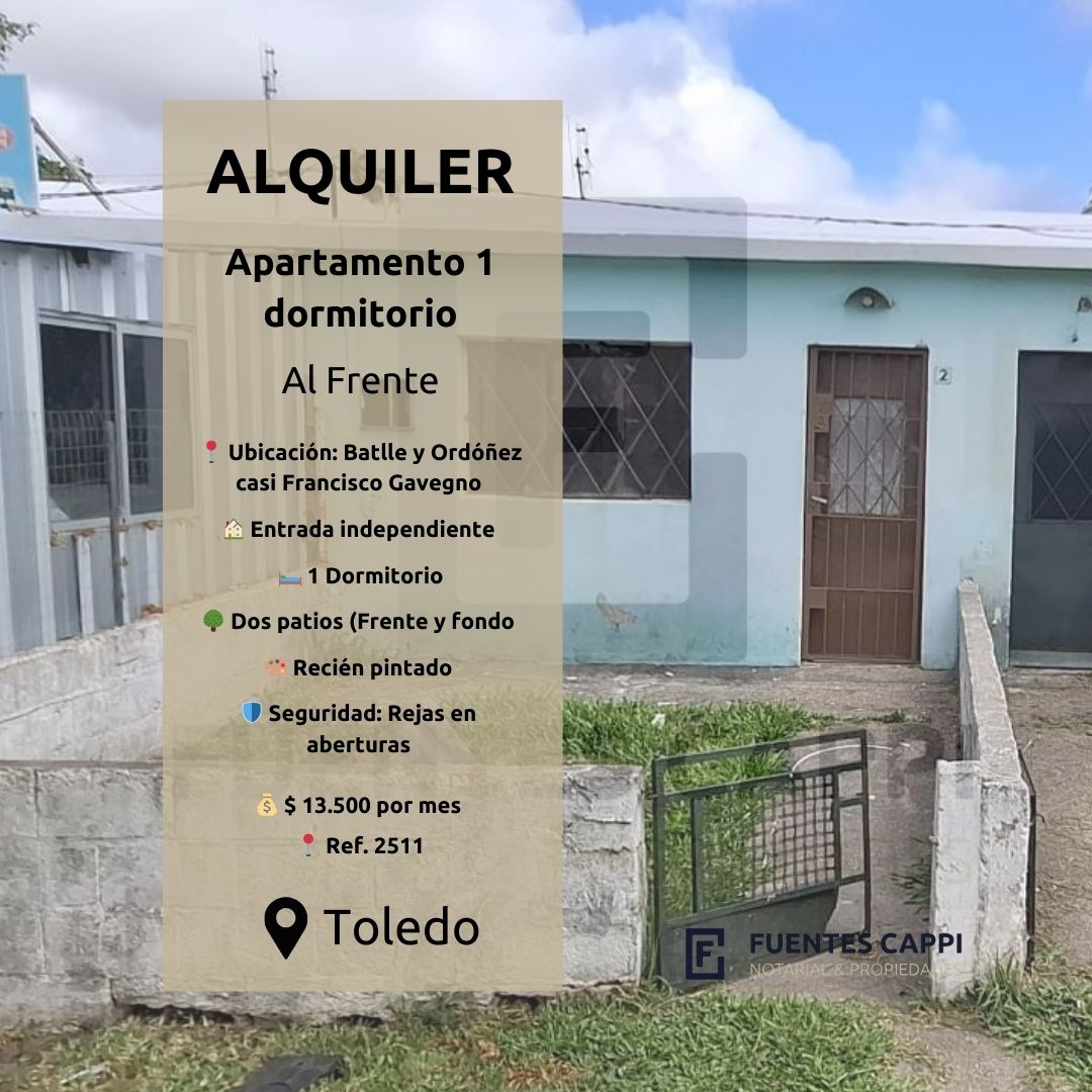 Alquiler Apartamento en Toledo - 1 Dormitorio con Dos Patios y Entrada Independiente - Fuentes Cappi Propiedades - Ref. 2511