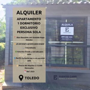 Alquiler Apartamento en Toledo – 1 Dormitorio a Estrenar – Exclusivo para Persona Sola – Fuentes Cappi Propiedades – Ref. 2523