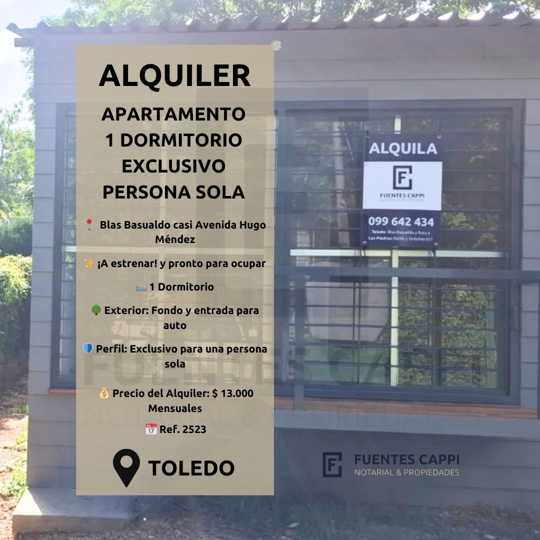 Alquiler Apartamento en Toledo – 1 Dormitorio a Estrenar – Exclusivo para Persona Sola – Fuentes Cappi Propiedades – Ref. 2523