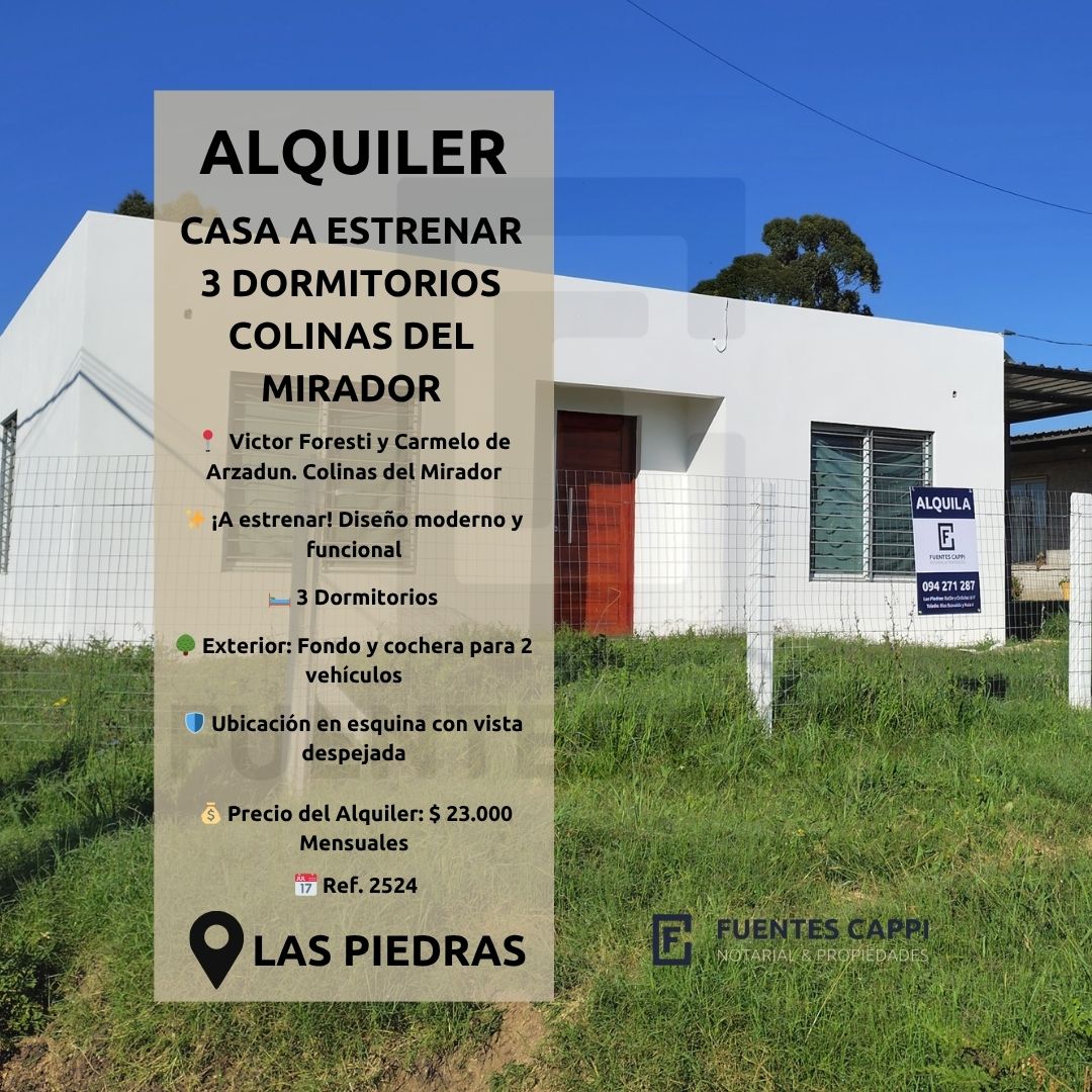 Alquiler Casa en Las Piedras – 3 Dormitorios, Colinas del Mirador, A Estrenar