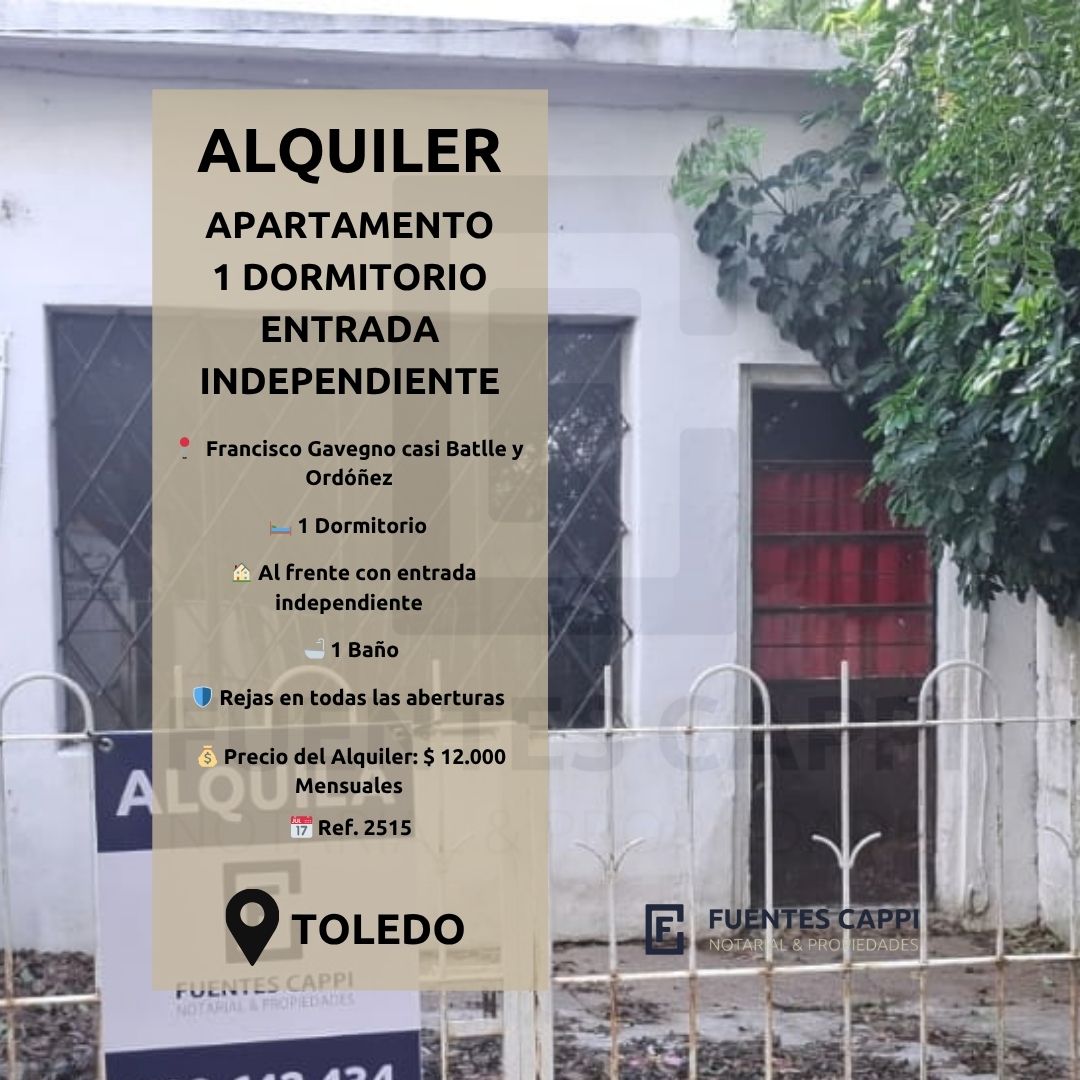 Alquiler Apartamento en Toledo - 1 Dormitorio, Entrada Independiente y Sin Gastos Comunes - Fuentes Cappi Propiedades